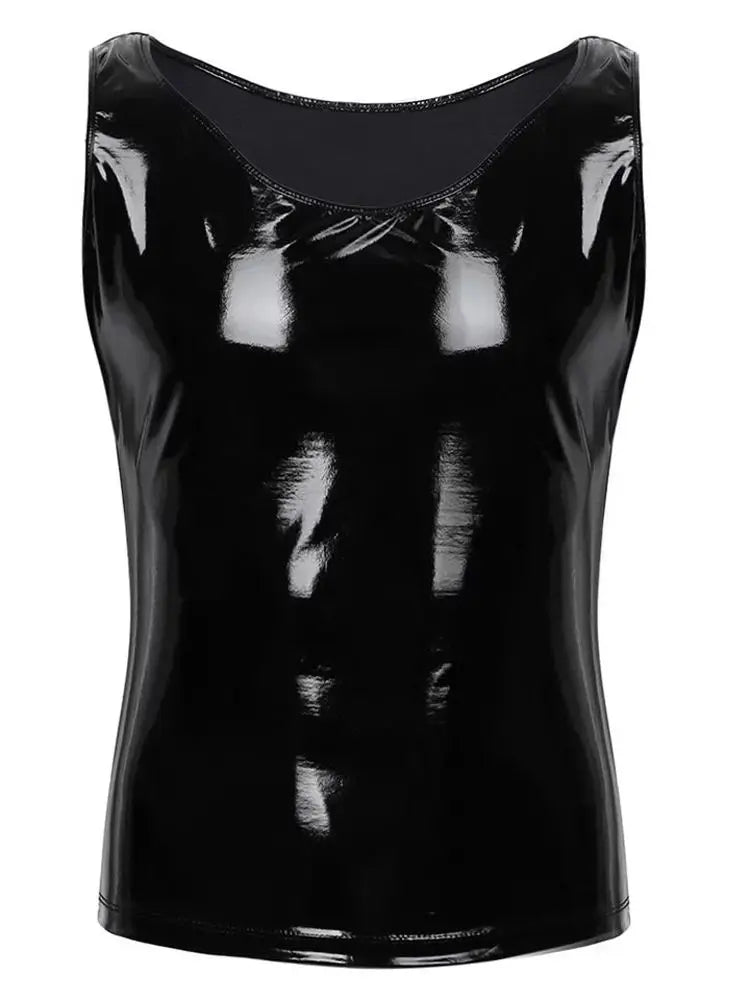 S-5XL Wet Look PVC Tank Top Men Shiny PU Leather Sleeveless Muscle Shirt Tights Sexy Bodybuilding Fitness Gym Hot Shapewear Body