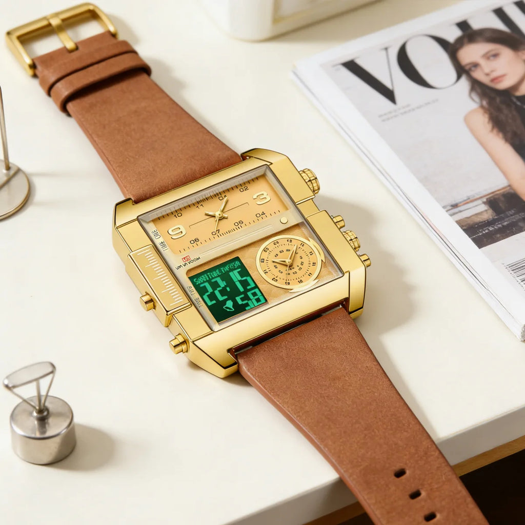 Men Electronic Watches Square 48mm Gold Case LED Dual Display Quartz Movement Leather Strap 3Bar Waterproof Sports Watch for Men