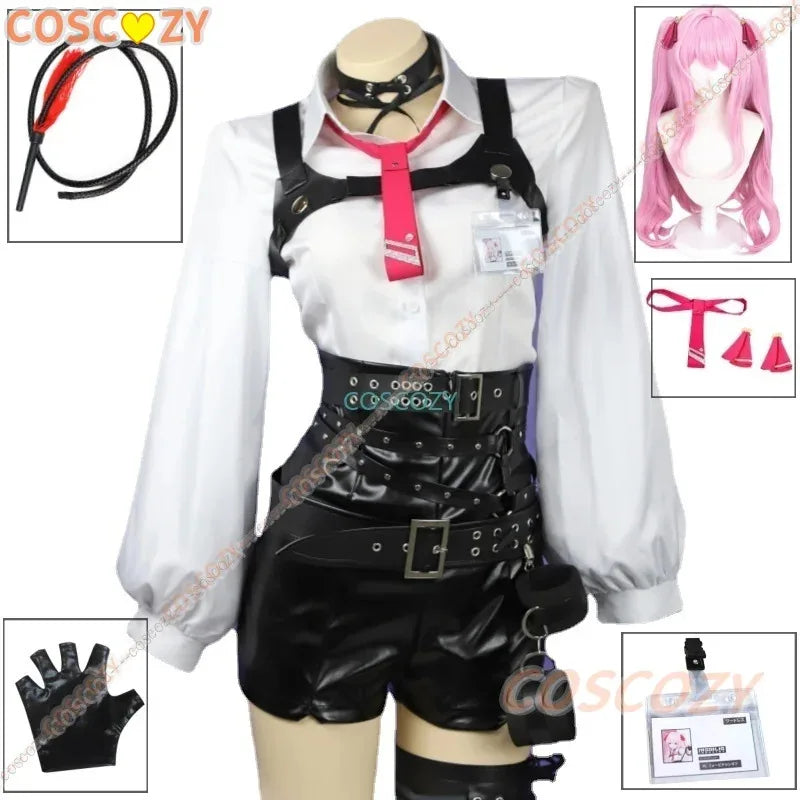 qq34Goddess of Victory NIKKE Yuni Cosplay Costume Whip Wig Women Game Uniform Sexy PU Straitjacket Halloween Suit Anime Clothes