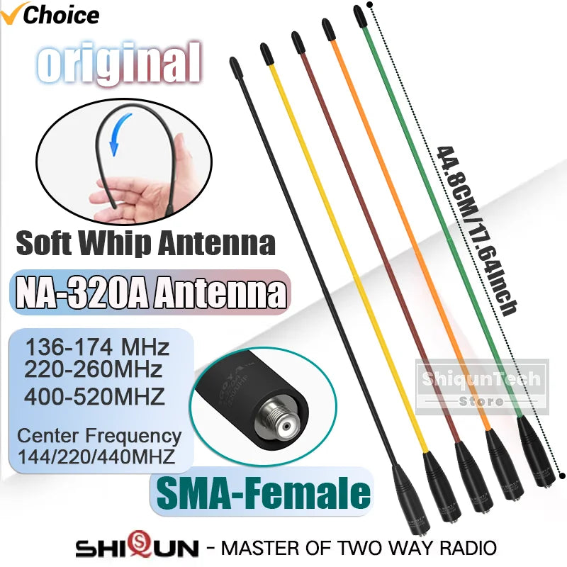 Original Nagoya NA-320A Antenna Tri-Band SMA-Female 144-220-440Mhz Soft Whip Aerial For Quansheng TK118 Retevis RA685 RT86 Radio