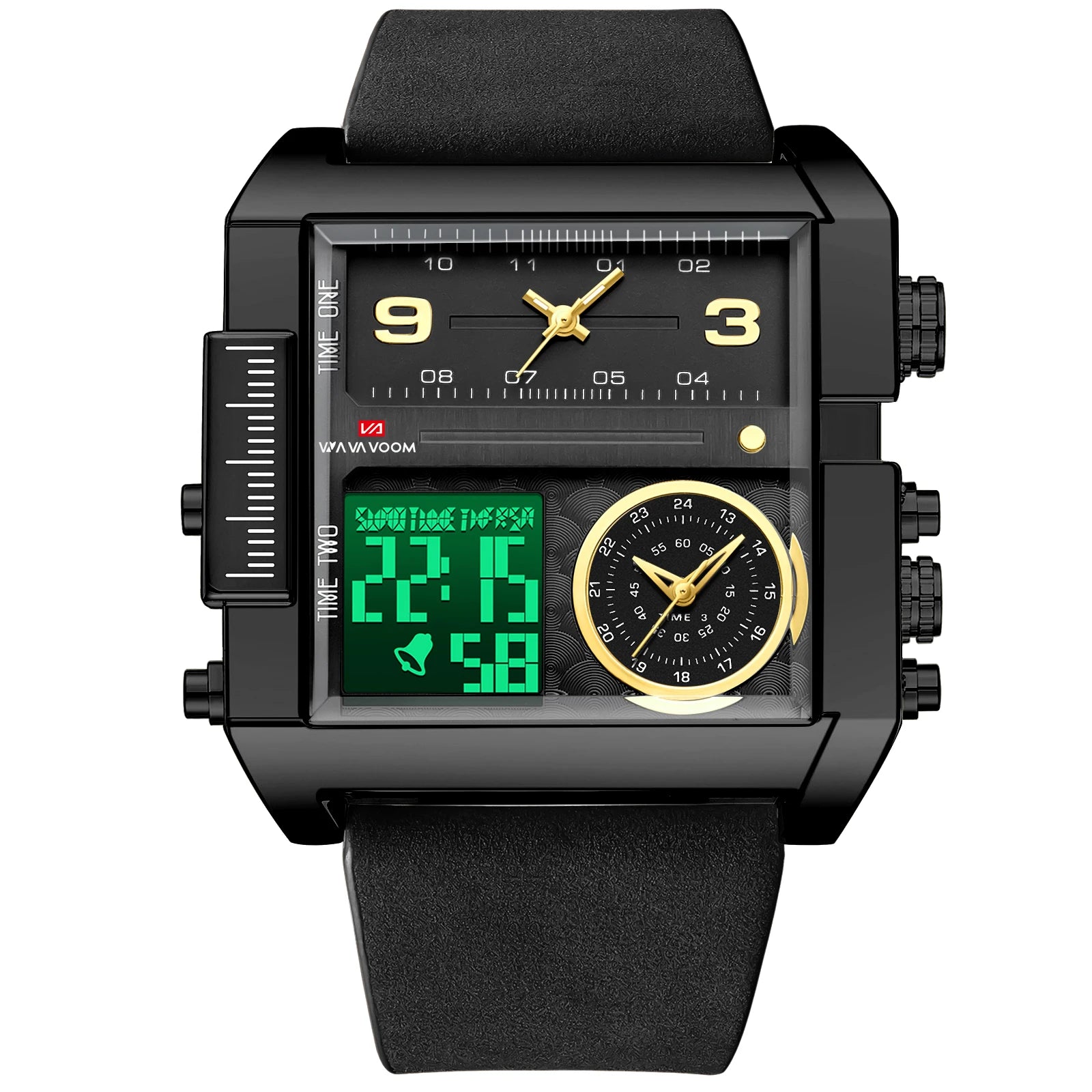 Men Electronic Watches Square 48mm Gold Case LED Dual Display Quartz Movement Leather Strap 3Bar Waterproof Sports Watch for Men