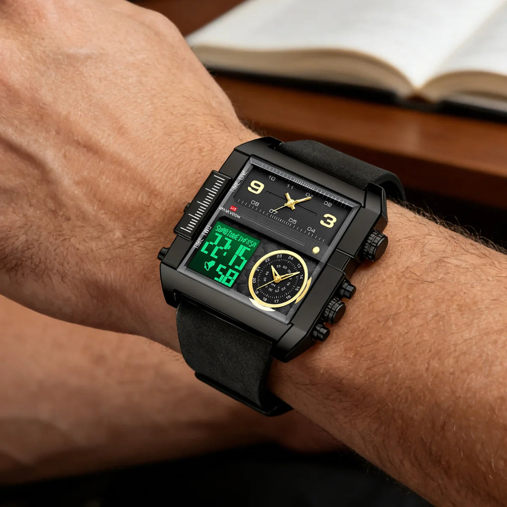 Men Electronic Watches Square 48mm Gold Case LED Dual Display Quartz Movement Leather Strap 3Bar Waterproof Sports Watch for Men