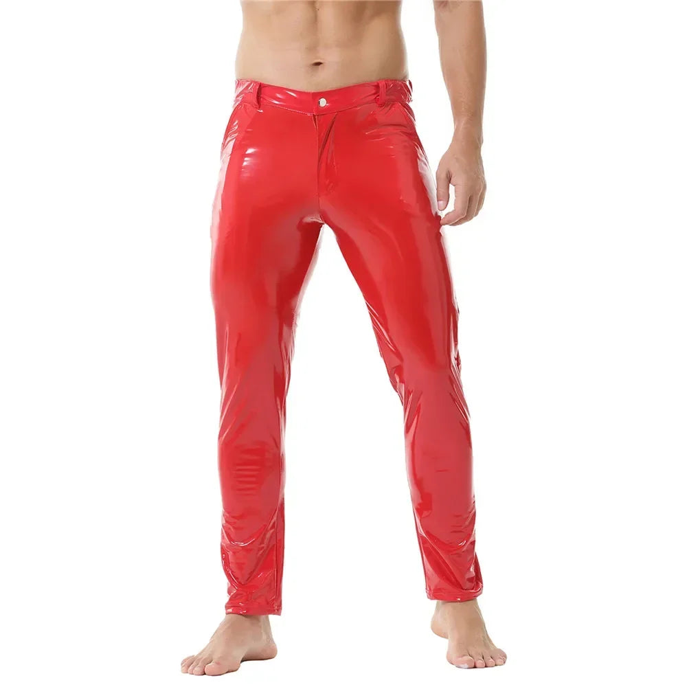 Mens Shiny Faux Leather Tights Pants Sexy Glossy PVC Leather Casual Trousers Pant Male Shaping Wetlook Pants Pole Dance Costumes