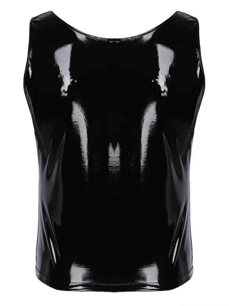 S-5XL Wet Look PVC Tank Top Men Shiny PU Leather Sleeveless Muscle Shirt Tights Sexy Bodybuilding Fitness Gym Hot Shapewear Body