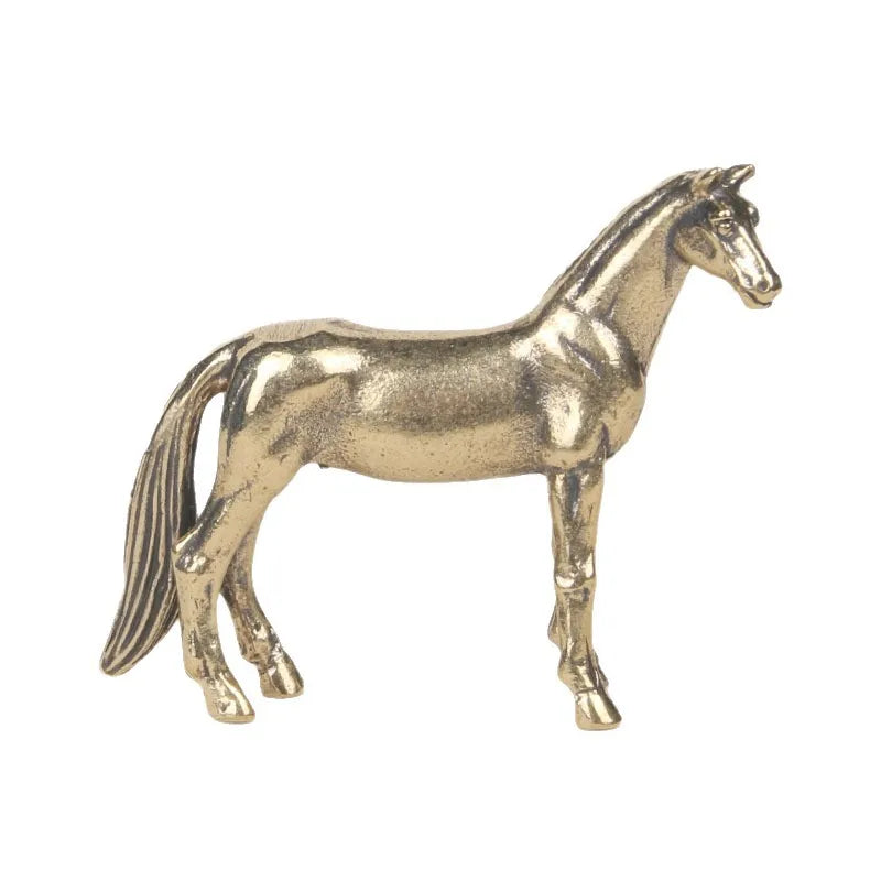 Antique Brass Solid Long Tail Horse Figurines Miniatures Feng Shui Ornaments Copper Zodiac Animal Mini Desktop Decoration Crafts