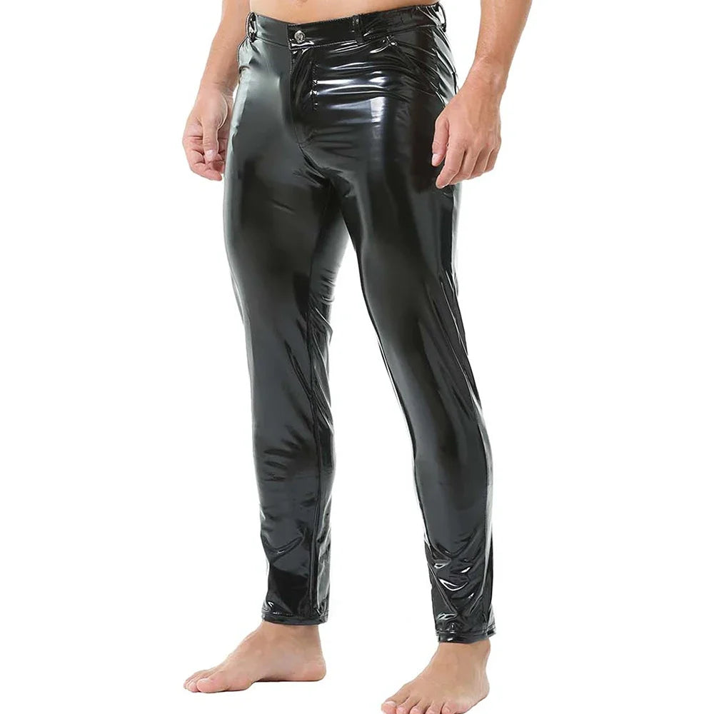 Mens Shiny Faux Leather Tights Pants Sexy Glossy PVC Leather Casual Trousers Pant Male Shaping Wetlook Pants Pole Dance Costumes