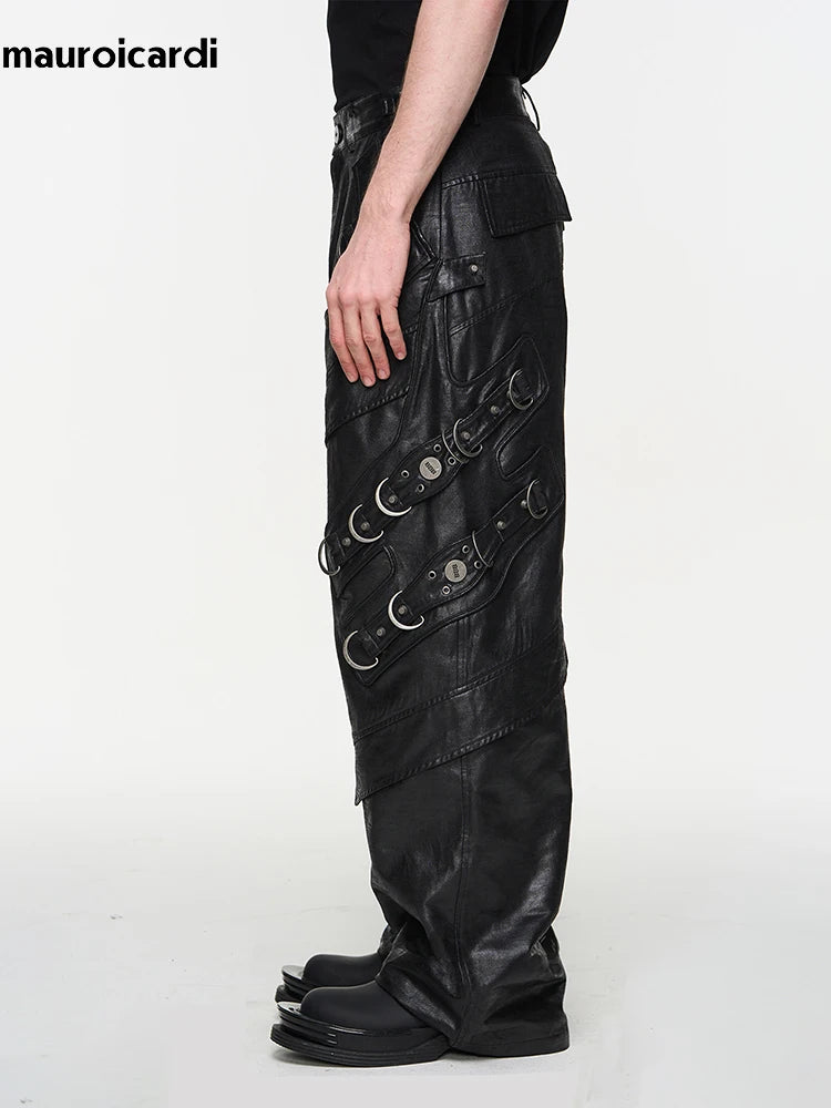 Mauroicardi Spring Autumn Cool Handsome Long Black Pu Leather Motorcycle Pants for Men High Quality Mens Designer Clothes 2024