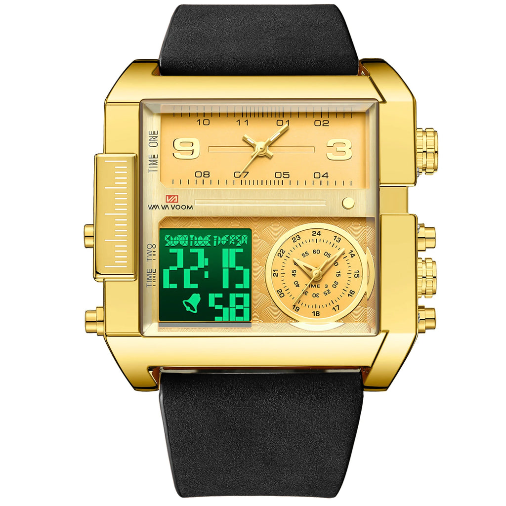 Men Electronic Watches Square 48mm Gold Case LED Dual Display Quartz Movement Leather Strap 3Bar Waterproof Sports Watch for Men