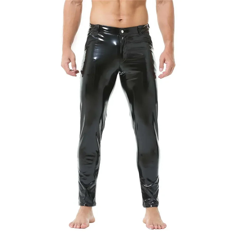 Mens Shiny Faux Leather Tights Pants Sexy Glossy PVC Leather Casual Trousers Pant Male Shaping Wetlook Pants Pole Dance Costumes