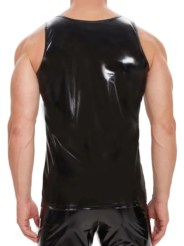 S-5XL Wet Look PVC Tank Top Men Shiny PU Leather Sleeveless Muscle Shirt Tights Sexy Bodybuilding Fitness Gym Hot Shapewear Body