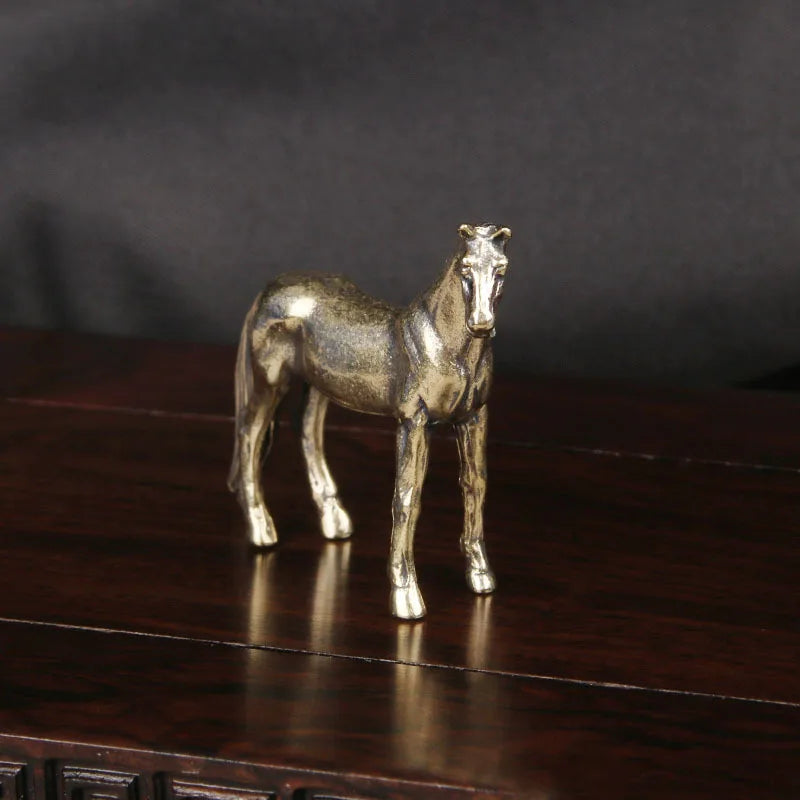 Antique Brass Solid Long Tail Horse Figurines Miniatures Feng Shui Ornaments Copper Zodiac Animal Mini Desktop Decoration Crafts