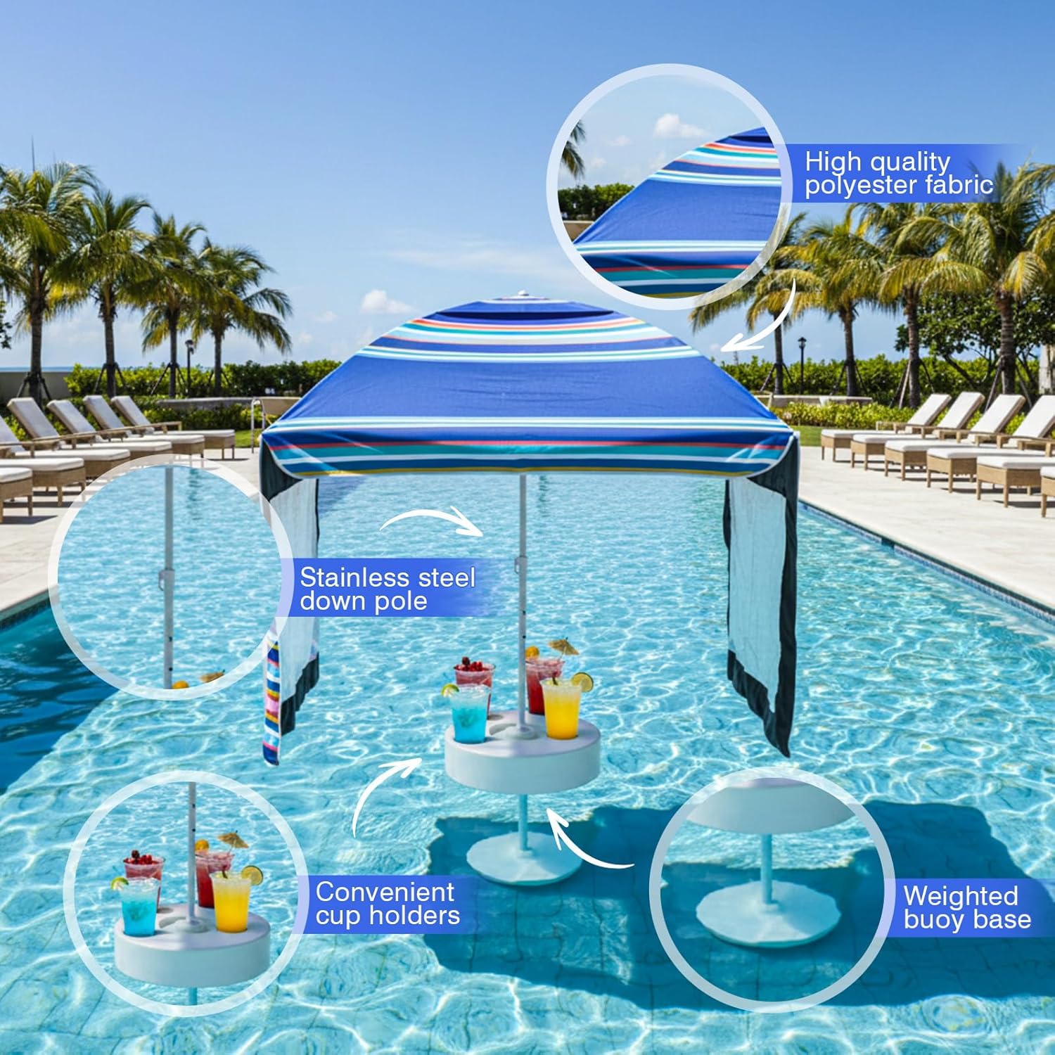 5×5ft Floating Pool Canopy for Inside of Pool Blue Stripes Swimming Tent with Floating Table for The Lake, River, Beach