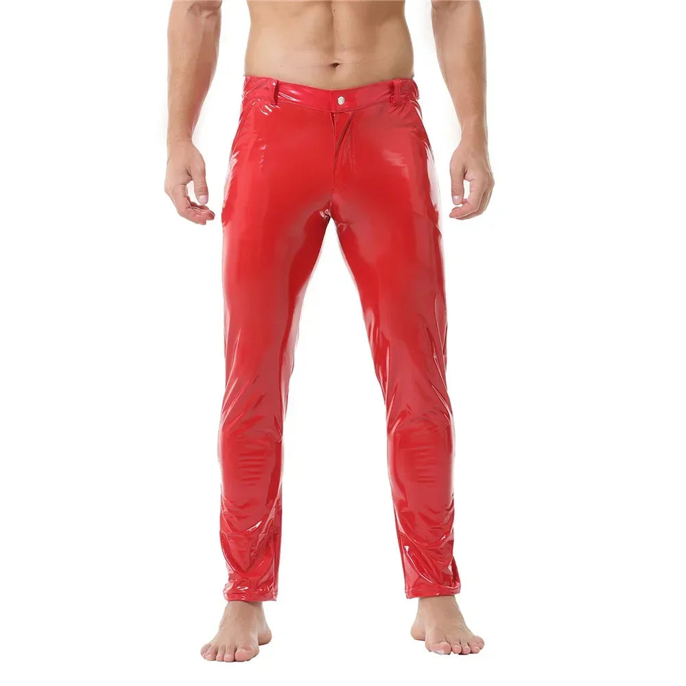 Mens Shiny Faux Leather Tights Pants Sexy Glossy PVC Leather Casual Trousers Pant Male Shaping Wetlook Pants Pole Dance Costumes