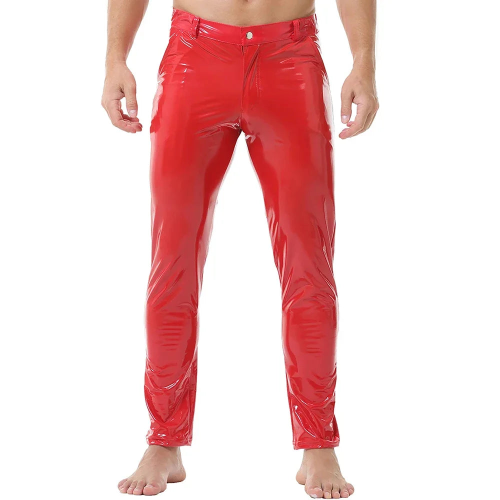 Mens Shiny Faux Leather Tights Pants Sexy Glossy PVC Leather Casual Trousers Pant Male Shaping Wetlook Pants Pole Dance Costumes