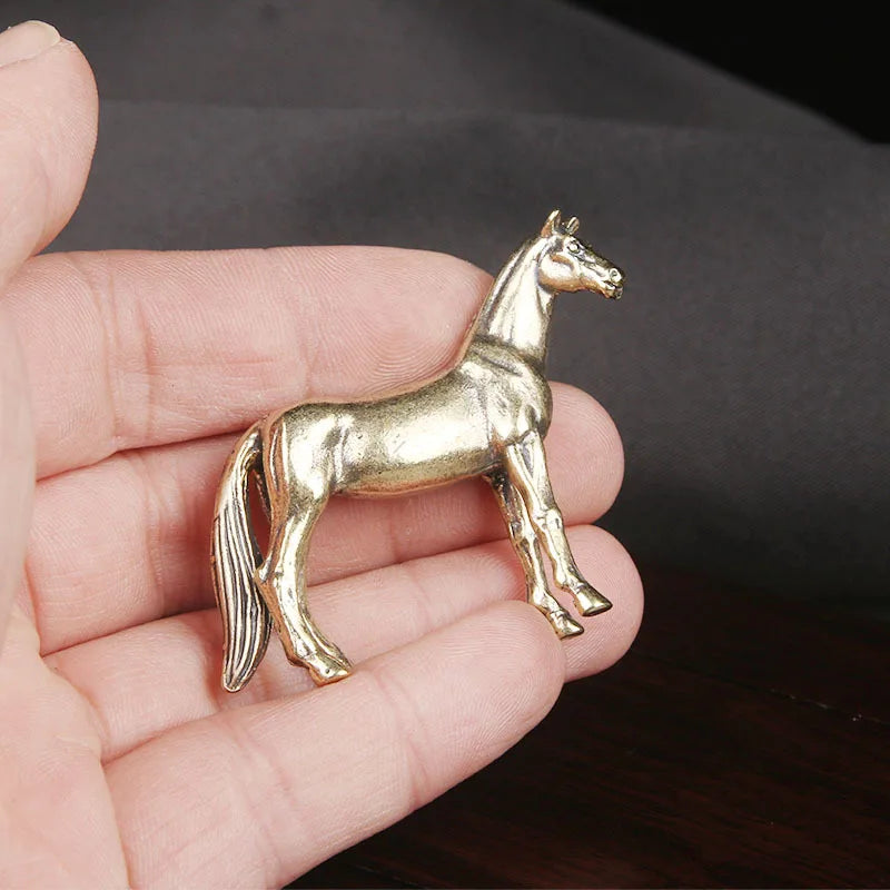 Antique Brass Solid Long Tail Horse Figurines Miniatures Feng Shui Ornaments Copper Zodiac Animal Mini Desktop Decoration Crafts