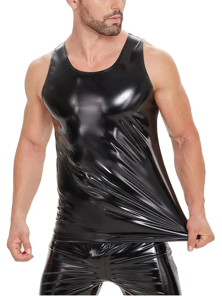 S-5XL Wet Look PVC Tank Top Men Shiny PU Leather Sleeveless Muscle Shirt Tights Sexy Bodybuilding Fitness Gym Hot Shapewear Body