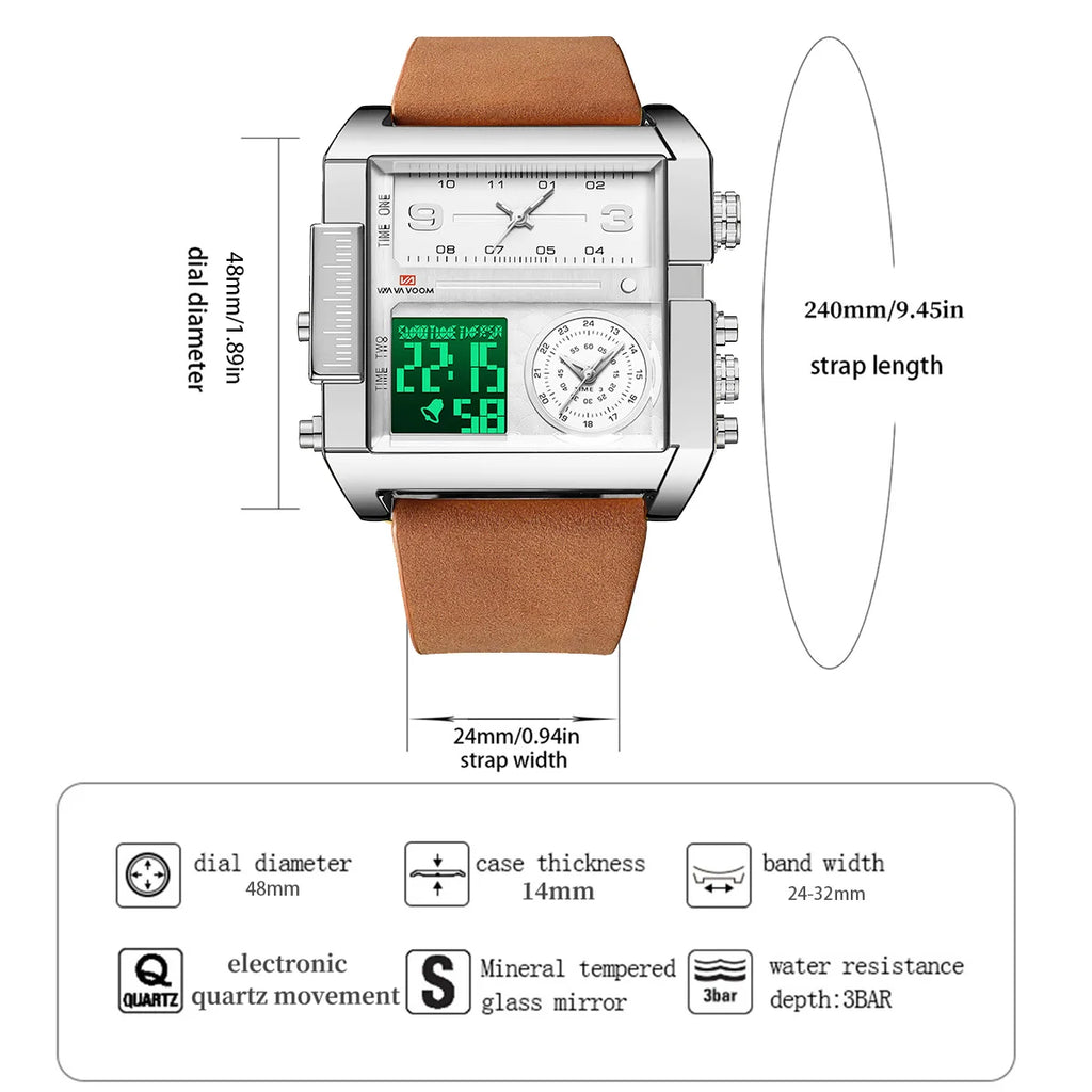 Men Electronic Watches Square 48mm Gold Case LED Dual Display Quartz Movement Leather Strap 3Bar Waterproof Sports Watch for Men