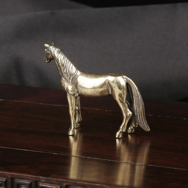 Antique Brass Solid Long Tail Horse Figurines Miniatures Feng Shui Ornaments Copper Zodiac Animal Mini Desktop Decoration Crafts