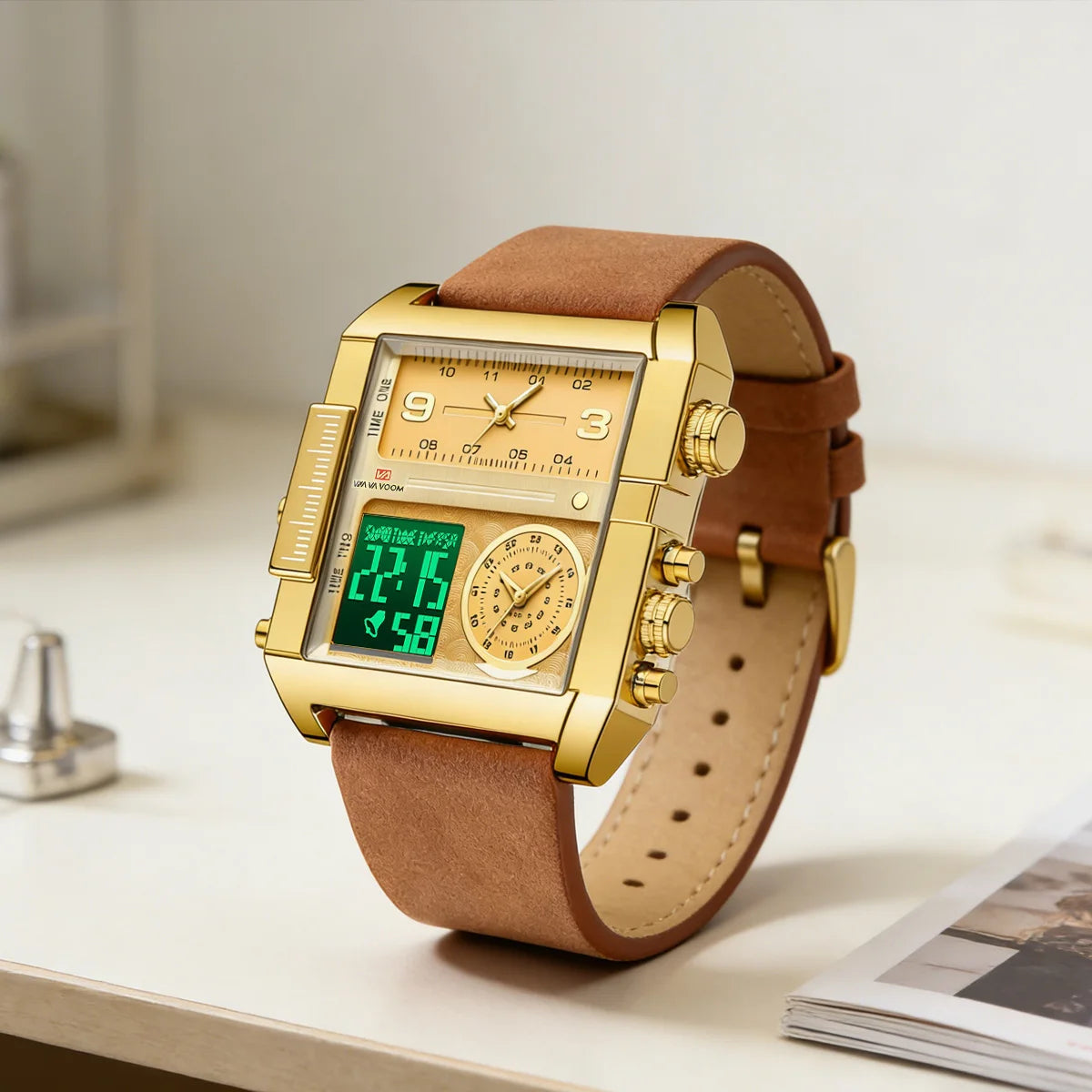 Men Electronic Watches Square 48mm Gold Case LED Dual Display Quartz Movement Leather Strap 3Bar Waterproof Sports Watch for Men