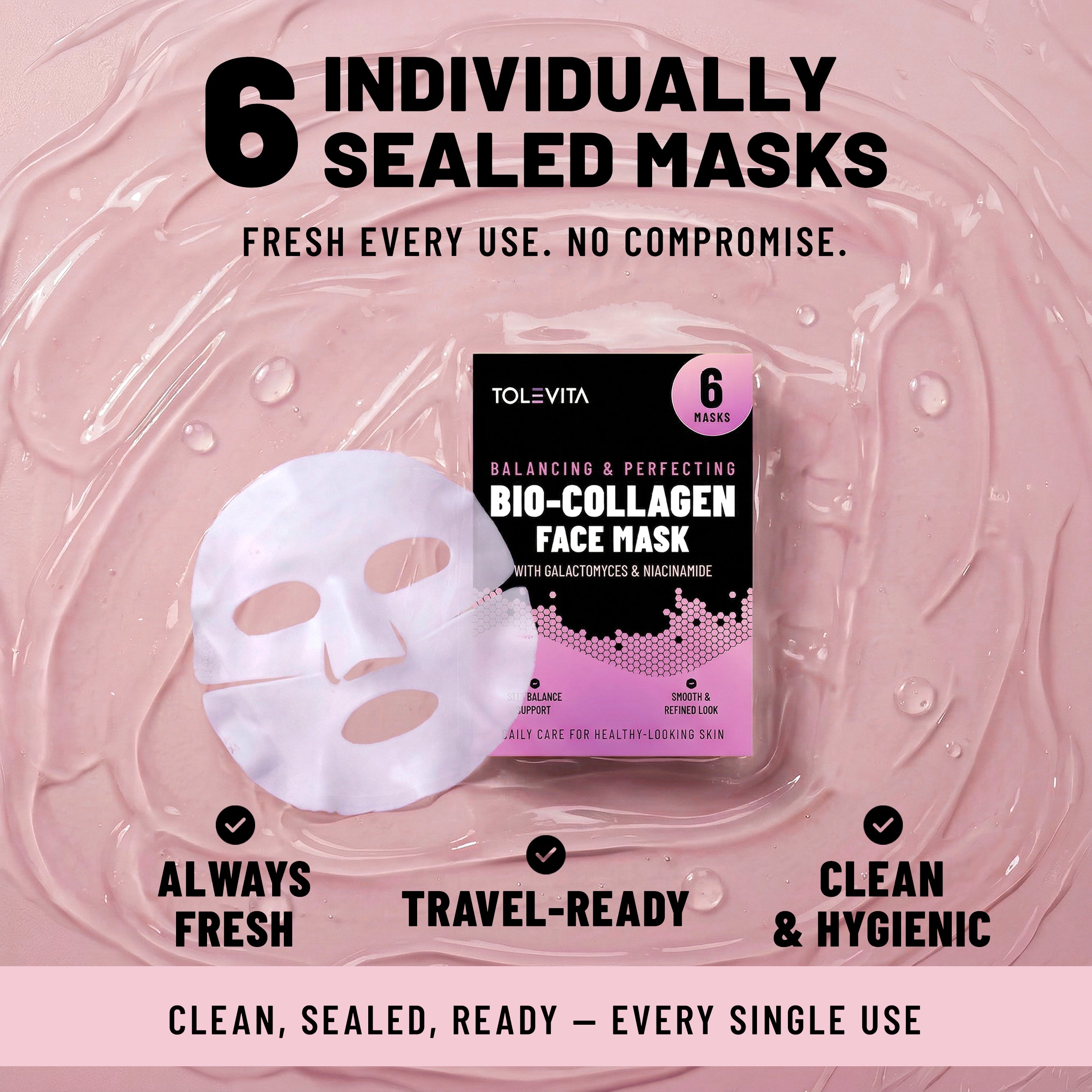 Bio-Collagen Hydrogel Face Mask, Hydrating & Nourishing Mask with Collagen, Hyaluronic Acid & Niacinamide, 6 masks
