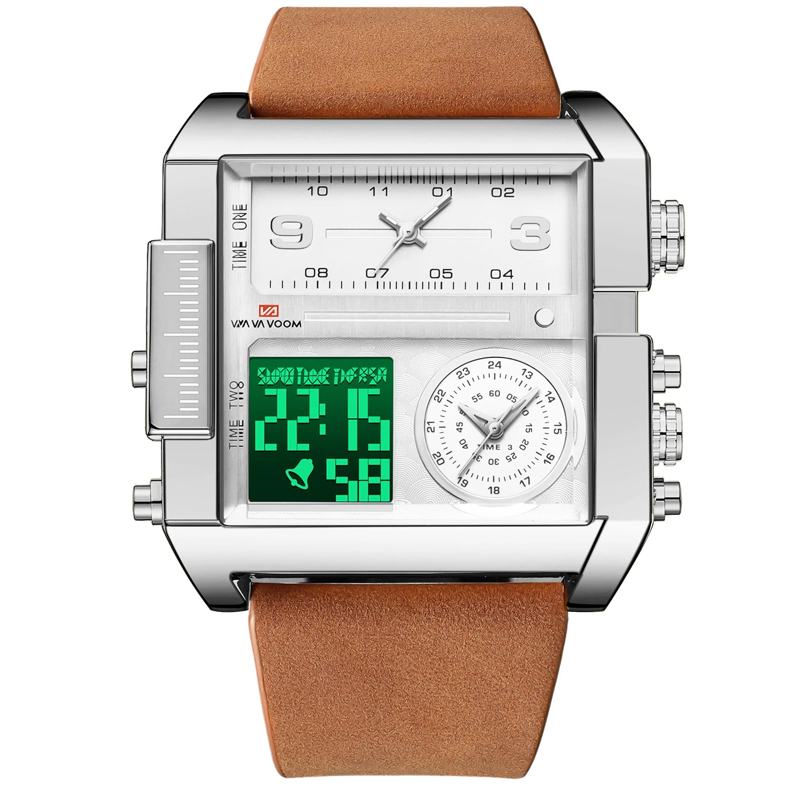 Men Electronic Watches Square 48mm Gold Case LED Dual Display Quartz Movement Leather Strap 3Bar Waterproof Sports Watch for Men