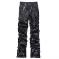 Hip Hop Mens Pleated Pu Leather Pants Harajuku Retro Streetwear Loose Ruched Casual Trousers Straight Solid Color Black Pants