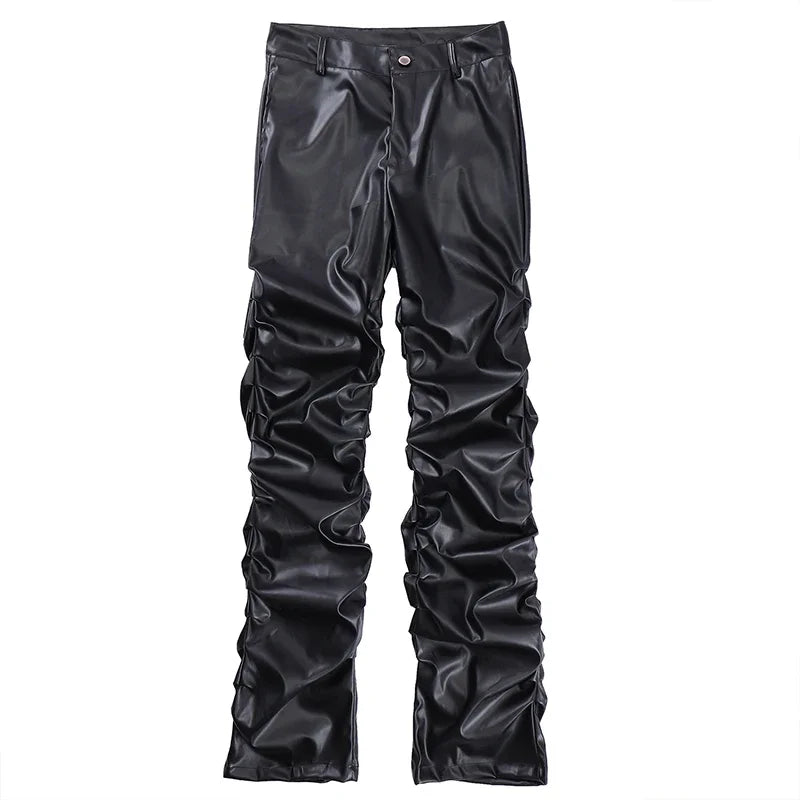 Hip Hop Mens Pleated Pu Leather Pants Harajuku Retro Streetwear Loose Ruched Casual Trousers Straight Solid Color Black Pants