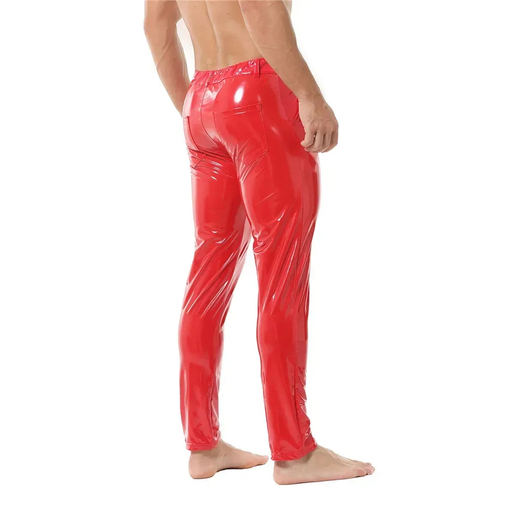 Mens Shiny Faux Leather Tights Pants Sexy Glossy PVC Leather Casual Trousers Pant Male Shaping Wetlook Pants Pole Dance Costumes