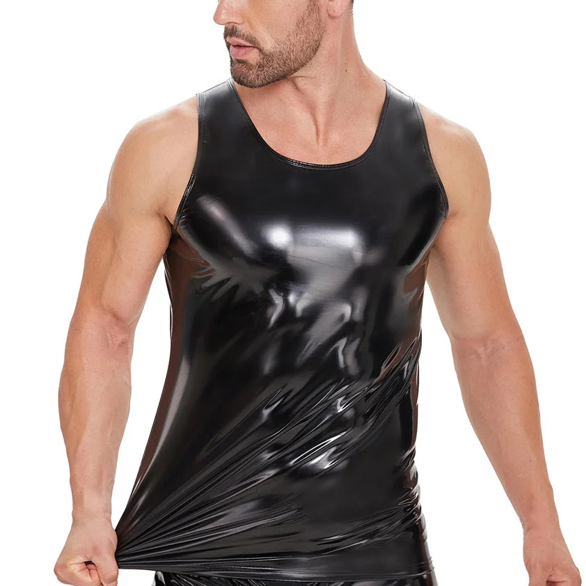 S-5XL Wet Look PVC Tank Top Men Shiny PU Leather Sleeveless Muscle Shirt Tights Sexy Bodybuilding Fitness Gym Hot Shapewear Body