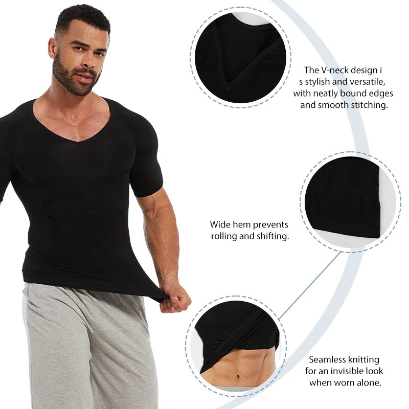 Men's V-Neck Body Shaper Compression Shirts Sleeveless Slimming Undershirt Workout Abs Tank Tops Abdomen Tummy Control Shapewear
