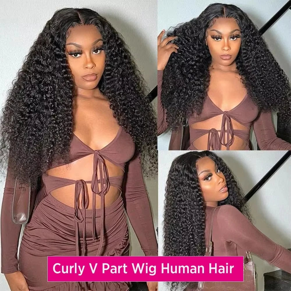 210 Density V Part Wig Human Hair Curly Upgrade U Part Wig Glueless V Shape Wig Brazilian Virgin Human Hair Wig Black Color