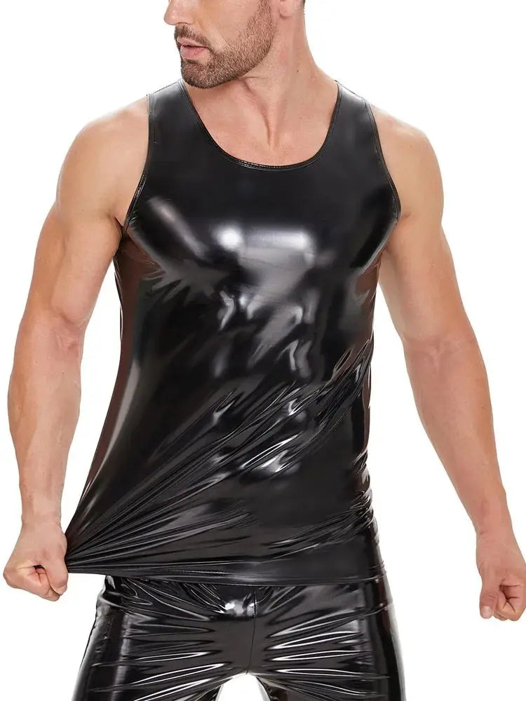 S-5XL Wet Look PVC Tank Top Men Shiny PU Leather Sleeveless Muscle Shirt Tights Sexy Bodybuilding Fitness Gym Hot Shapewear Body