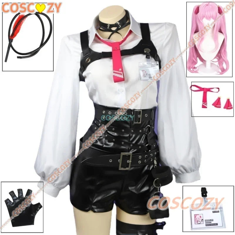 qq34Goddess of Victory NIKKE Yuni Cosplay Costume Whip Wig Women Game Uniform Sexy PU Straitjacket Halloween Suit Anime Clothes