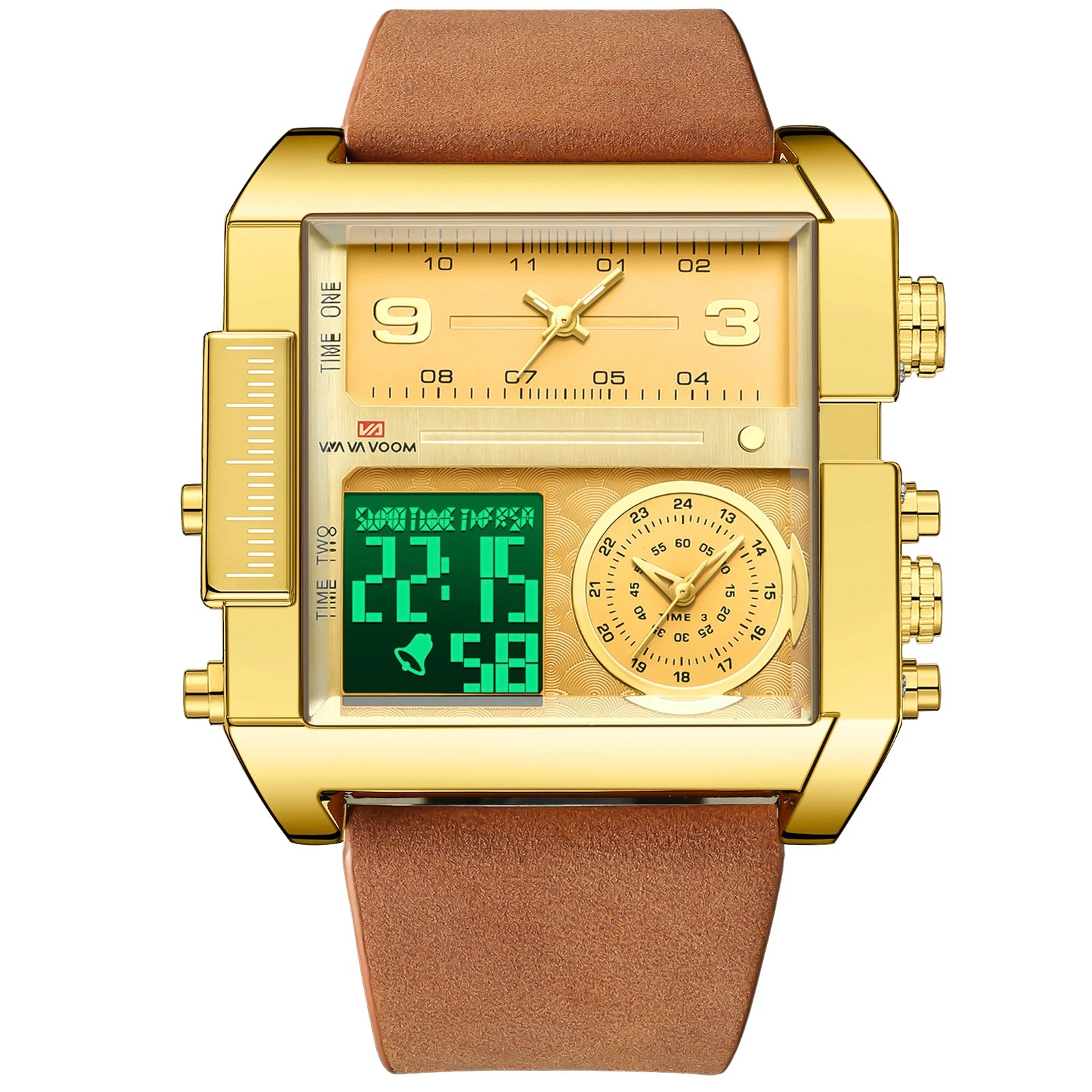 Men Electronic Watches Square 48mm Gold Case LED Dual Display Quartz Movement Leather Strap 3Bar Waterproof Sports Watch for Men